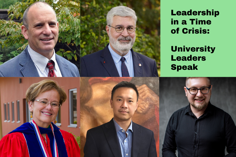 Clockwise from top left: Jonathan Becker, Executive Vice President of Bard College; Fadlo R. Khuri, President of American University of Beirut; Dmytro Sherengovsky, Vice-Rector for Outreach and Social Engagement, Ukrainian Catholic University; Kyaw Moe Tun, President of Parami University (Myanmar); Margee Ensign, President of American University of Bulgaria